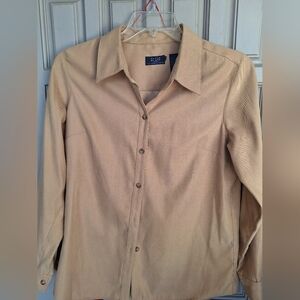 Crazy Horse Liz Claiborne Brushe Cotton Blouse Tan SzM Collar/Cuffs Button Down